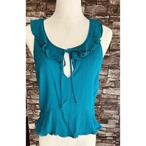 CLEARANCE Willow & Clay Crop Tank Top SZ S Ruffles Pom Pom Hem Keyhole Tie Neck